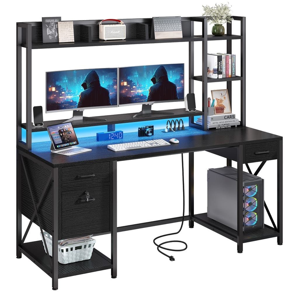 Moasis 59 Inch Computer Gaming Desk with Hutch and Bookshelf Home Office Desks with 3 Drawers