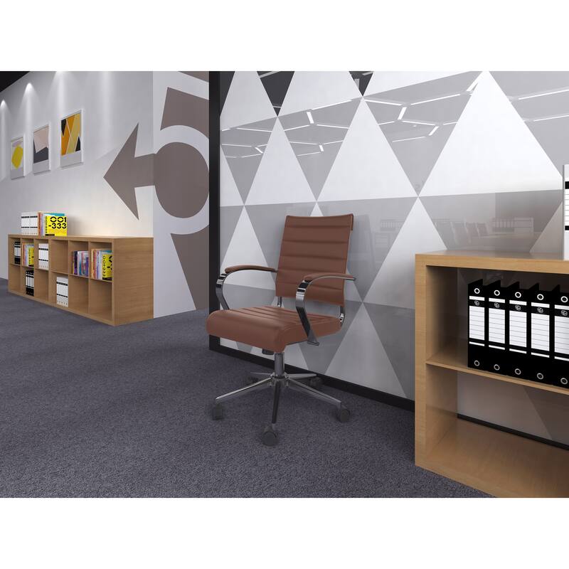 Modern Office Chair, Executive Mid-Back Conference Room Chair in PU Leather with Wheels and Arms