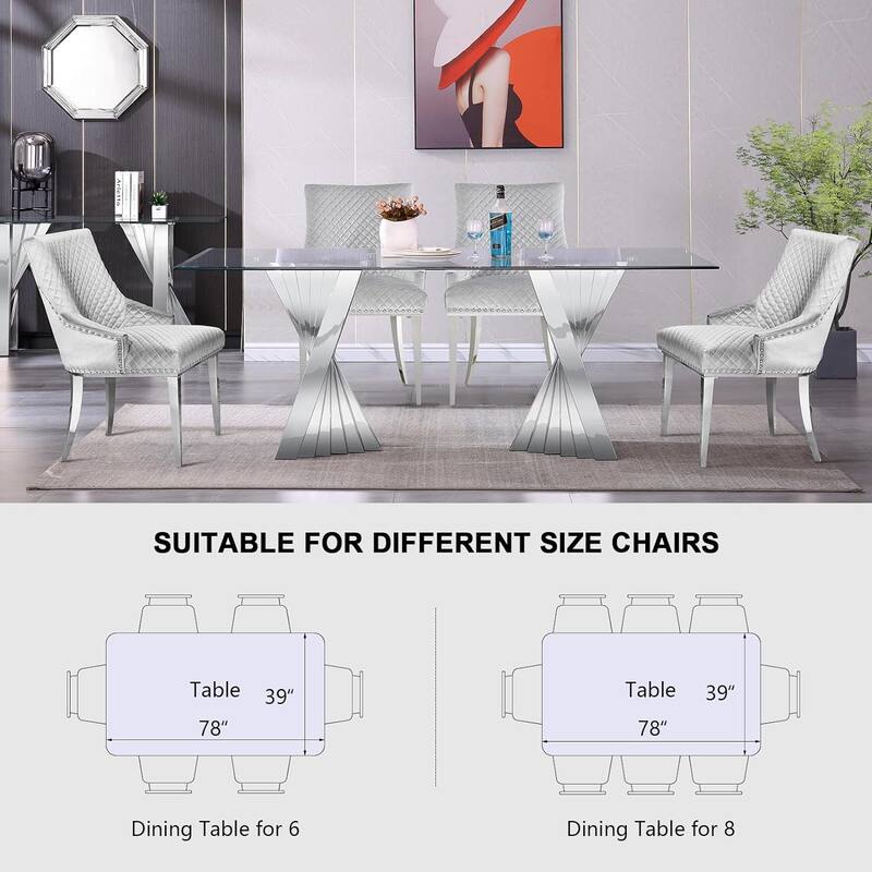 Luxury 78 inch Glass Dining Table with Mirrored Stainless Steel Base