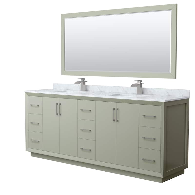 Strada 84-Inch Double Vanity Set, Carrara Marble Top, 70-Inch Mirror - Light Green, Nickel Trim, Carrara Marble Top