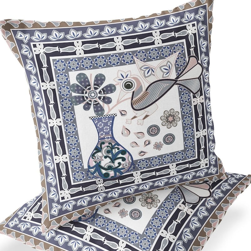 HomeRoots Set of Two 16" X 16" Beige and Orange Peacock Blown Seam Floral Indoor Outdoor Throw Pillow - 16.00' X '16.00' X '5.00