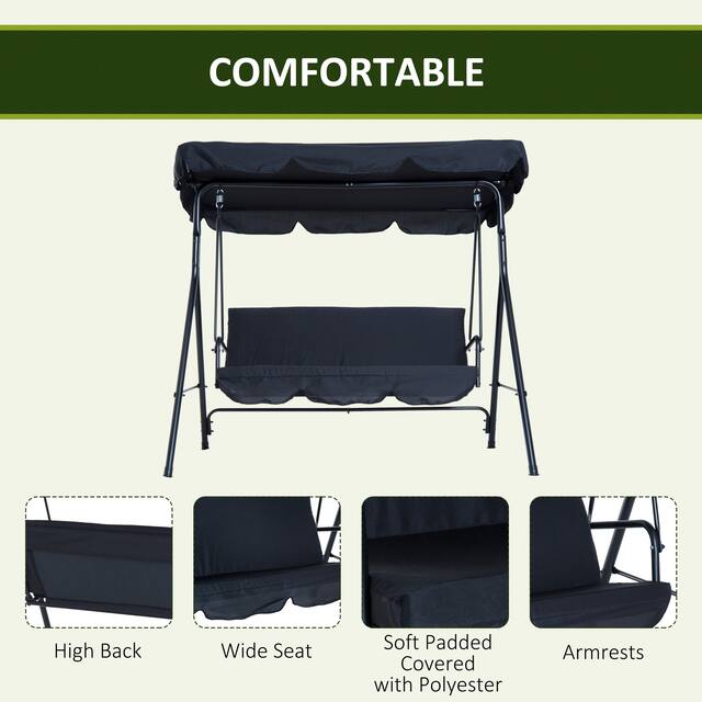 Outsunny 3-Person Porch Lawn Swing with Canopy, Outdoor Yard Glider Swing Chair with Stand