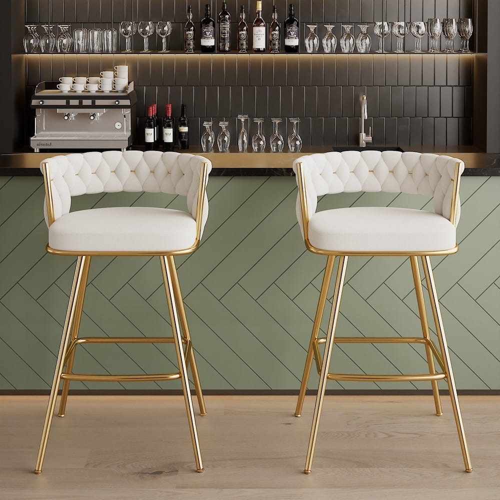 VECELO Counter Height Bar Stools with Woven Backrest 26.77" Seat Height Mid-Century Modern Upholstered Bar Chairs for Kitchen