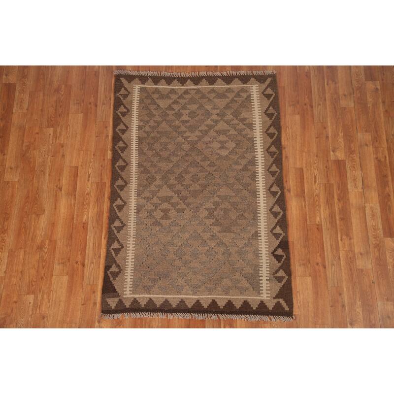 Brown Kilim Oriental Area Rug Flat-weave Wool Carpet - 3'3" x 4'10"