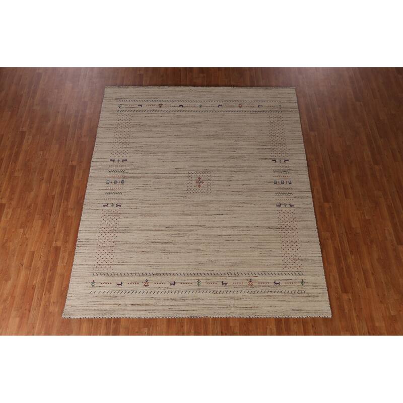 Tribal Gabbeh Indian Area Rug Hand-Knotted Oriental Beige Wool Carpet - 8'2" x 9'9"