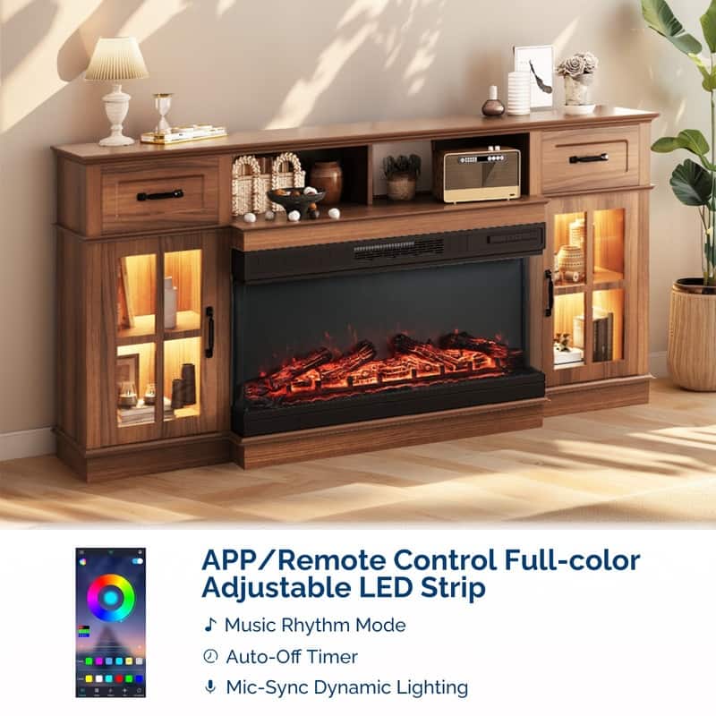 Farmhouse 70'' TV Stand For Tvs Up To 80'' With Electric Fireplace and Adjustable Shelves