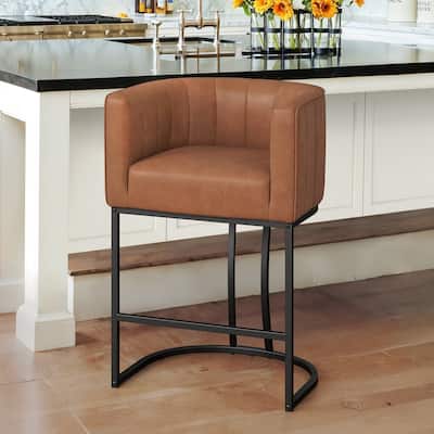 Modern 26.in Counter Height Stool Low Back Upholstered/PU Leather Barrel Bar Stool with Metal Frame
