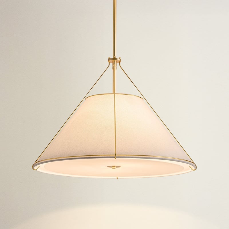 Lumina Modern Pendant Light - Metal, Fabric & Gold, Ivory White Cone Light Fixture For Modern, Coastal, Minimalist Room Decor - 25"