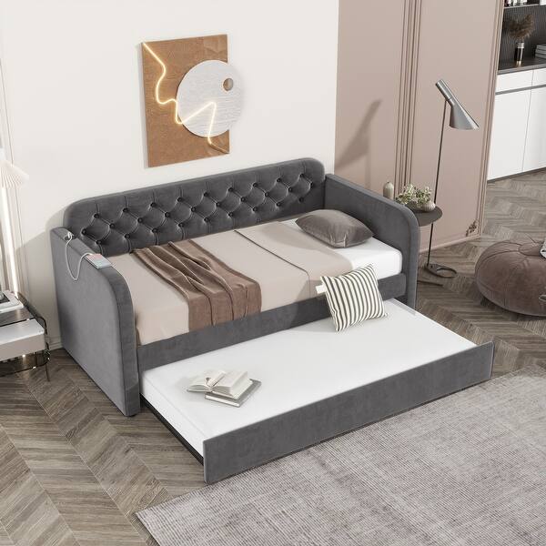 slide 2 of 6, Twin Size Upholstered Daybed with Trundle and USB Charging Design, Velvet Upholstered Daybed Frame Light beige