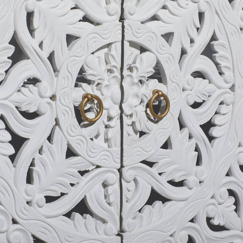 Wood Floral Intricately Carved 1 Shelf and 2 Doors Room Cabinet - White - Roche River Decor