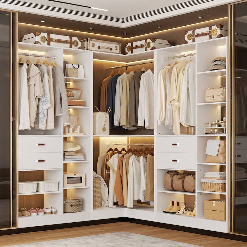 Set of 3 Corner Closet System with Tower Shelves, Closet Organizer with Drawers and Hanging Rods