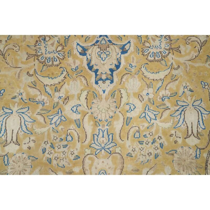 Hand Knotted Oriental 100% Wool Carpet Traditional Floral Yellow & Gold Kerman Area Rug - 13' 5'' X 9' 3''