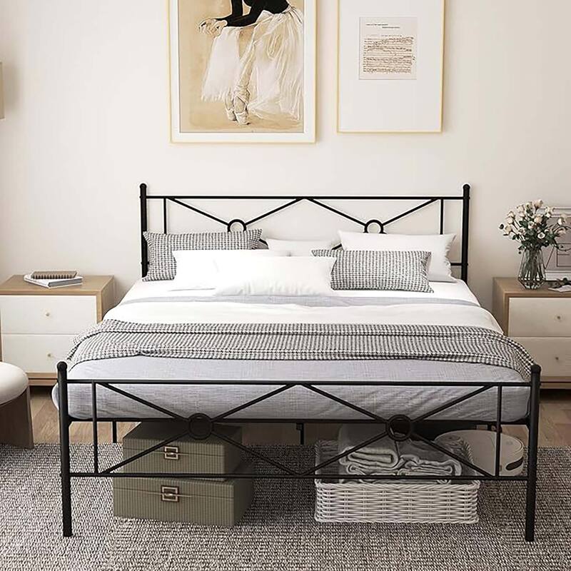 Queen Size Metal Platform Bed Frame w/ Headboard Mattress Foundation