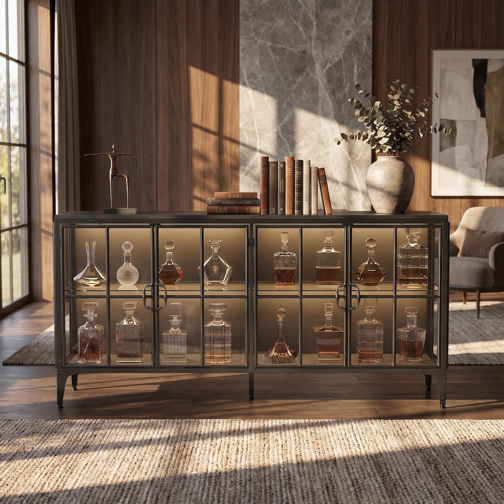 Industrial Glass Sideboard with LED Lighting & Tempered Glass Doors