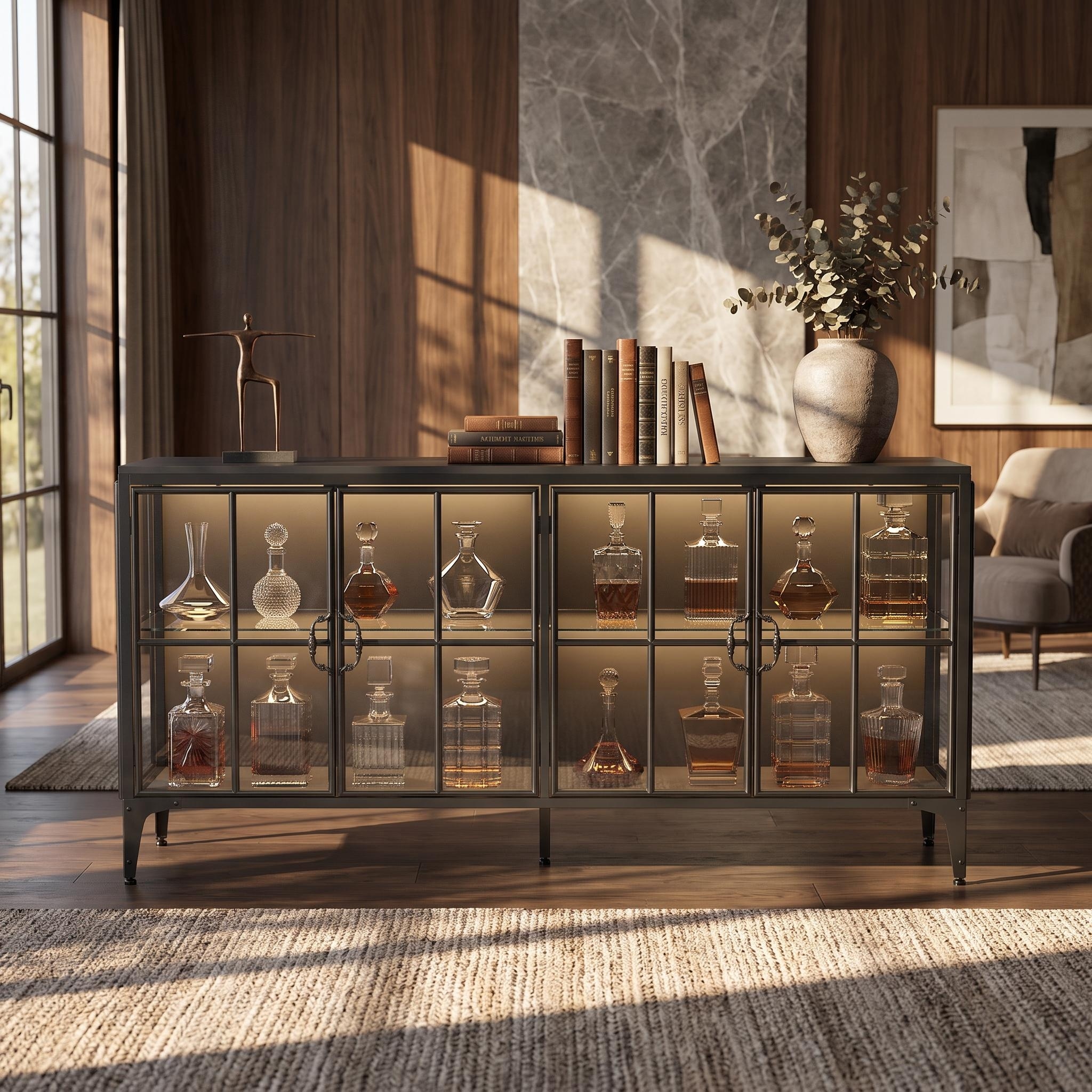 Industrial Glass Sideboard with LED Lighting & Tempered Glass Doors