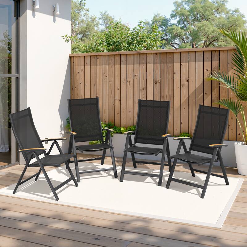 Outdoor Patio Aluminum Folding Chairs Set with Adjustable Backrest, Solid Wood Armrest