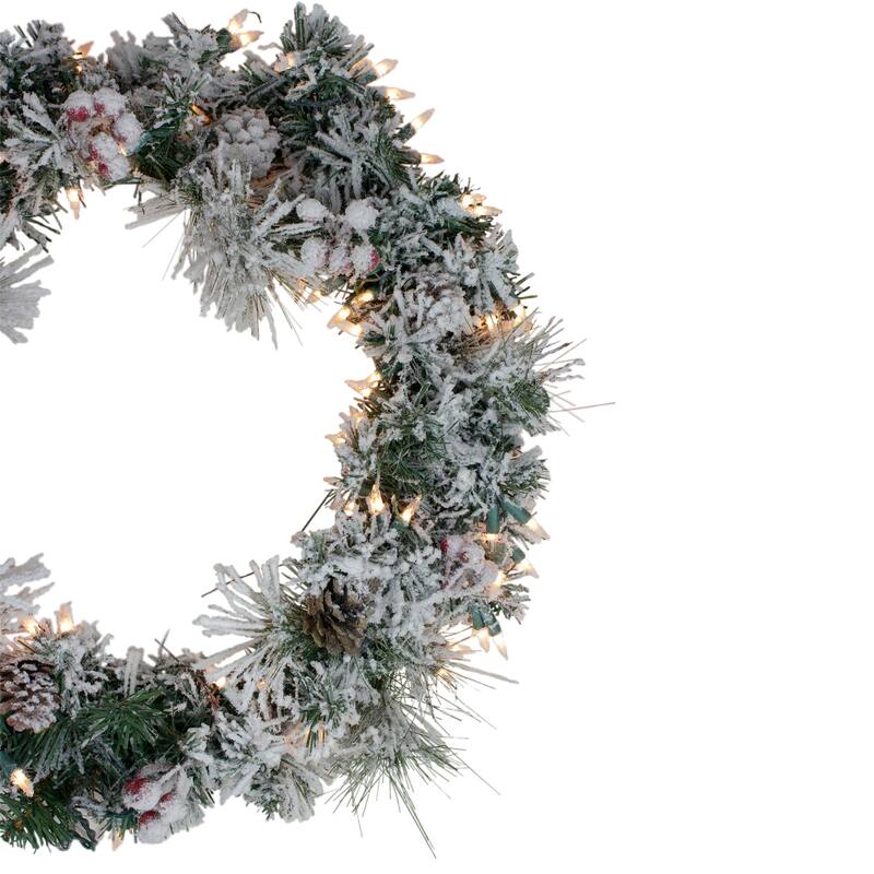 Heavily Flocked Berries Pine Cones Artificial Wreath 24" Clear Lights