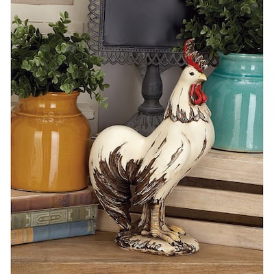 White Polystone Indoor Outdoor Rooster Decorative Garden Sculpture