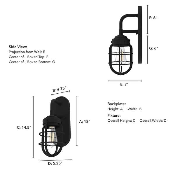 dimension image slide 0 of 2, Hunter Starklake 1 Light Wall Sconce, Damp Rated, Industrial, Cage, Rustic