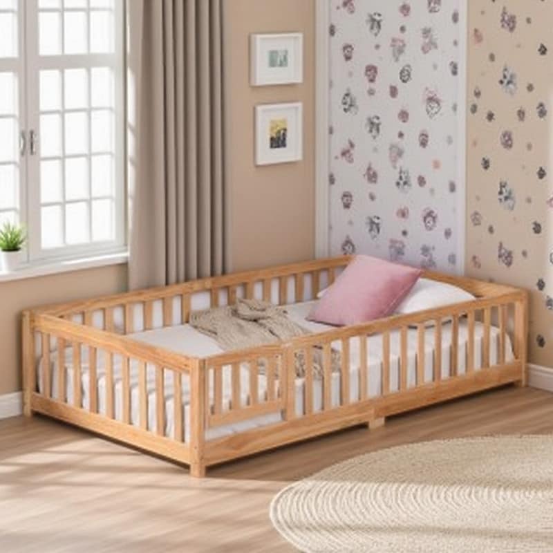 Natural Wood Montessori Twin Floor Bed for Kids with Safety Gate & Guardrails, Low Profile Toddler Platform Bed