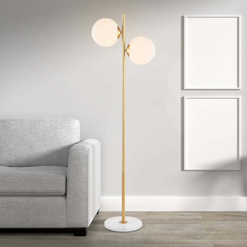 Tyler 60.5" 2-Light Modern Parisian Candlestick Iron LED Floor Lamp, Brass Gold/White by JONATHAN Y - 2 Light