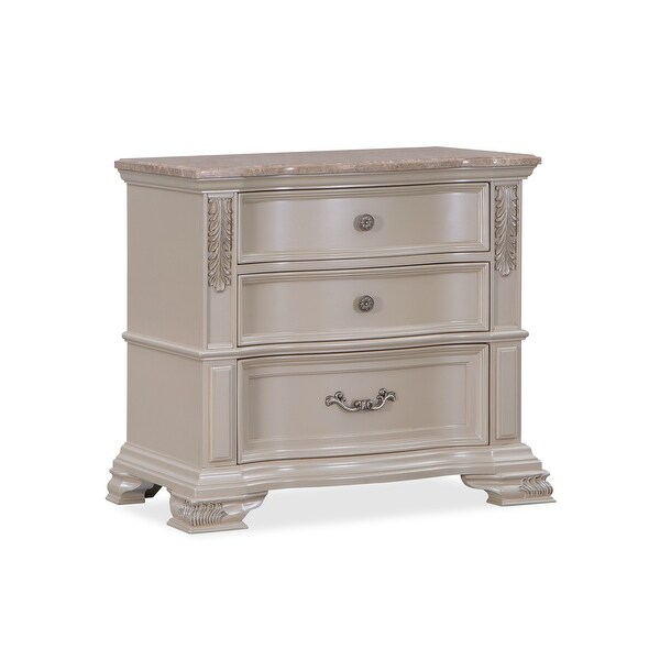 Santa Monica Pearl White Nightstand, Marble, Nail-head Trim - Bed