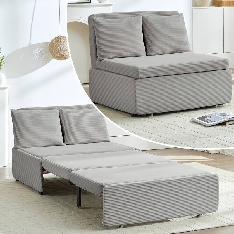 Mixoy Corduroy Fabric Queen Size/Twin Size Sofa Bed, 2-in-1 Modern Pull Out Sleeper Sofa Bed - LIGHT GREY - Twin