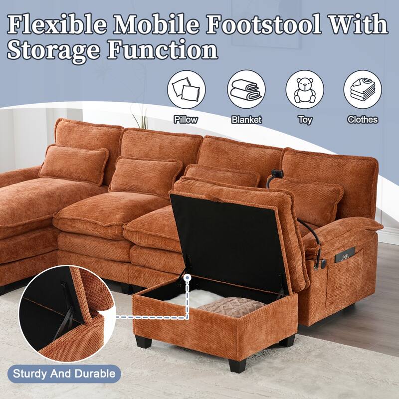 Chenille U-shape Sectional Sofa with Chaise and Storage Ottoman, Modular Couch with USB/Type-C Ports, Side Pockets, Phone Holder