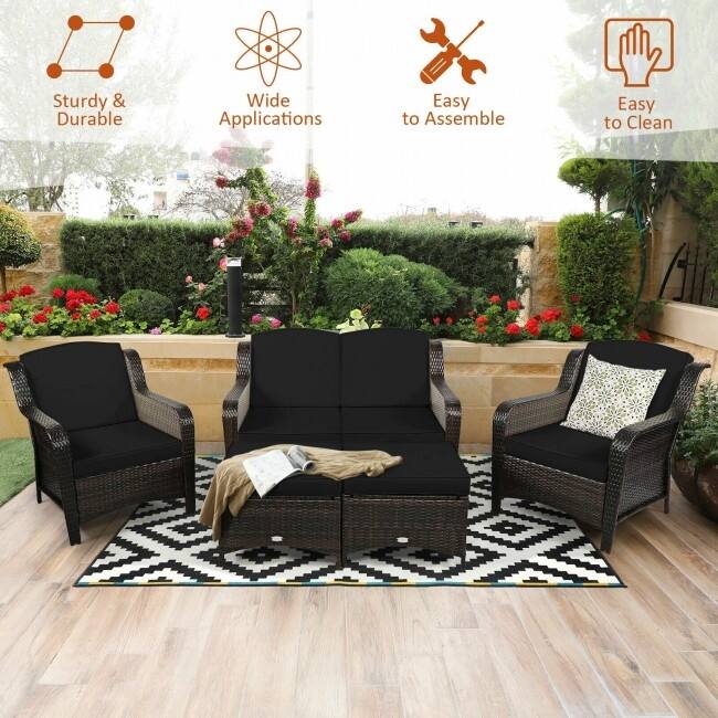 5 Pieces Patio Rattan Sofa Set with Cushion and Ottoman - 51" x 33.5" x 33" (L x W x H)