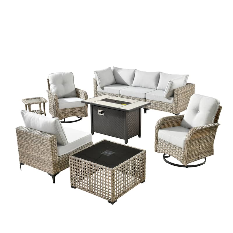 HOOOWOOO 9-piece Wicker Outdoor Patio Furniture Fire Pit Set with Swivel Chairs
