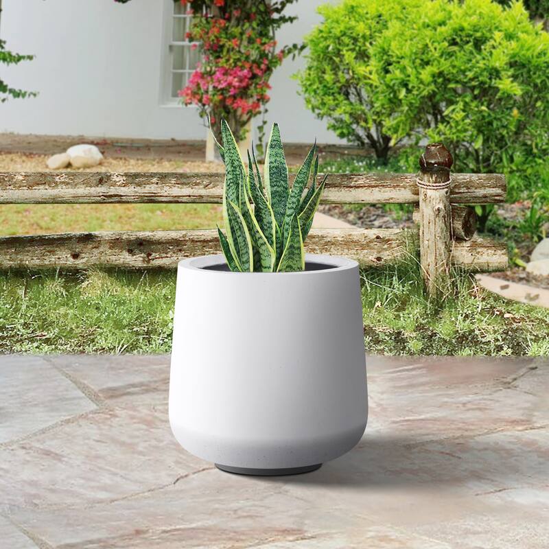 Plantara 13" H Round Solid White Concrete planter, Outdoor Modern Planter pot,Flower pot with Drainage Hole for Garden
