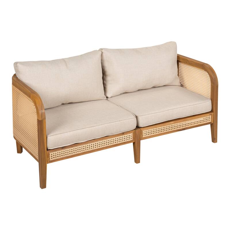Roomfitters Kirkby Outdoor Acacia Wood Sofa with Wicker Back and Cushion, Boho Teak Finish
