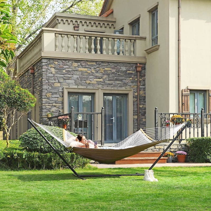 Polyester Wicker Double Hammock with Pillow, Curved Spreader Bars and Portable Design