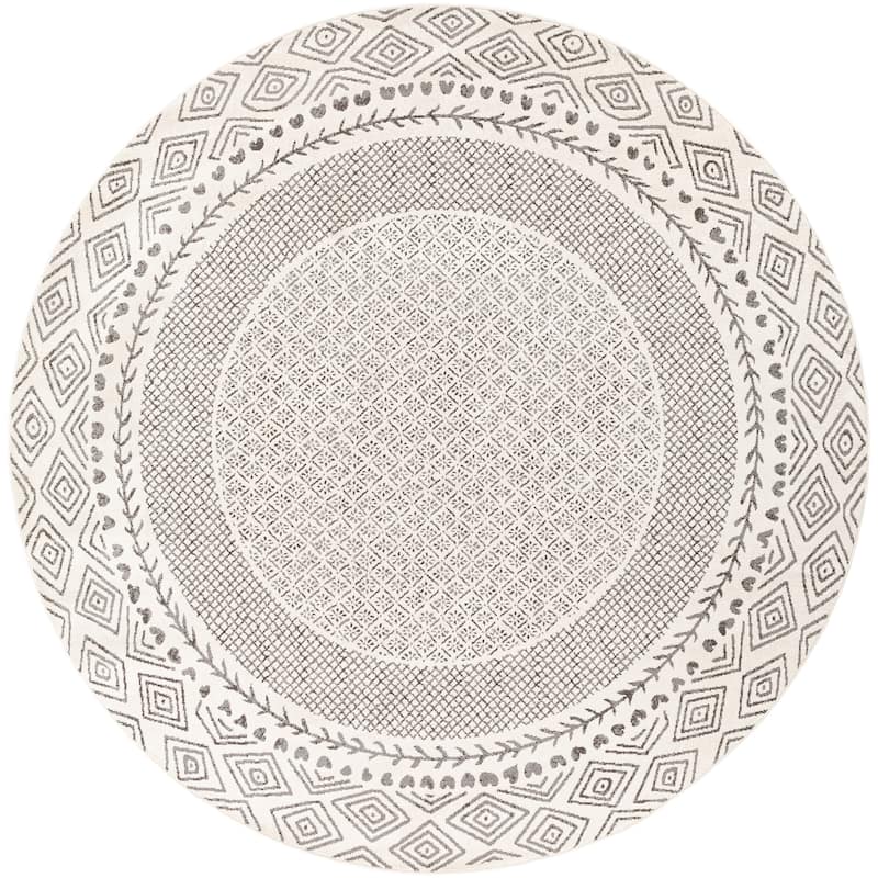 Livabliss Tiffany Grey Bohemian Border Area Rug - 7'10" Round - Medium Grey