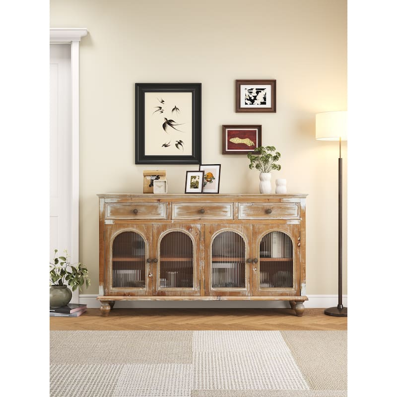 59.06"Farmhouse Sideboard Buffet Cabinet, Distressed Wood Credenza with 3 Drawers & 4 Glass Doors, Storage Cabinet with Shelves - Antique Brown+White