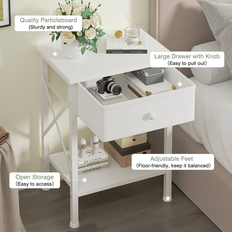 VECELO X Frame Nightstand with Removable Fabric Drawer Easy to Clean Nightstand Multifunctional End Table with Open Shelf