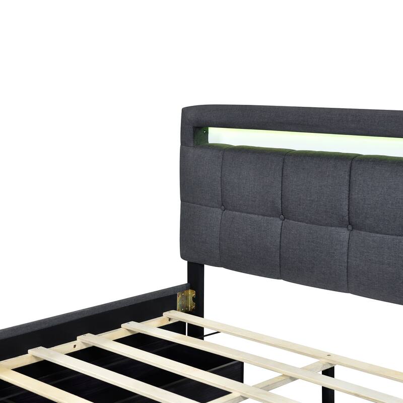 Linen Upholstered Platform Bed Frame with LED Light Headboard & 2 Drawers