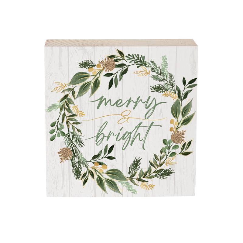 Shades of Green Sign Wood Block - "Merry & Bright" - 6" x 6" - Multicolor
