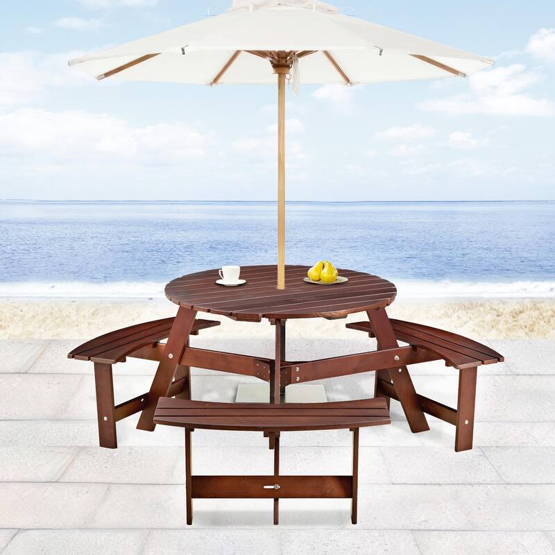 Outdoor 6 Person Round Picnic Table with Bench, Umbrella Hole for Garden, Backyard, Porch, Patio