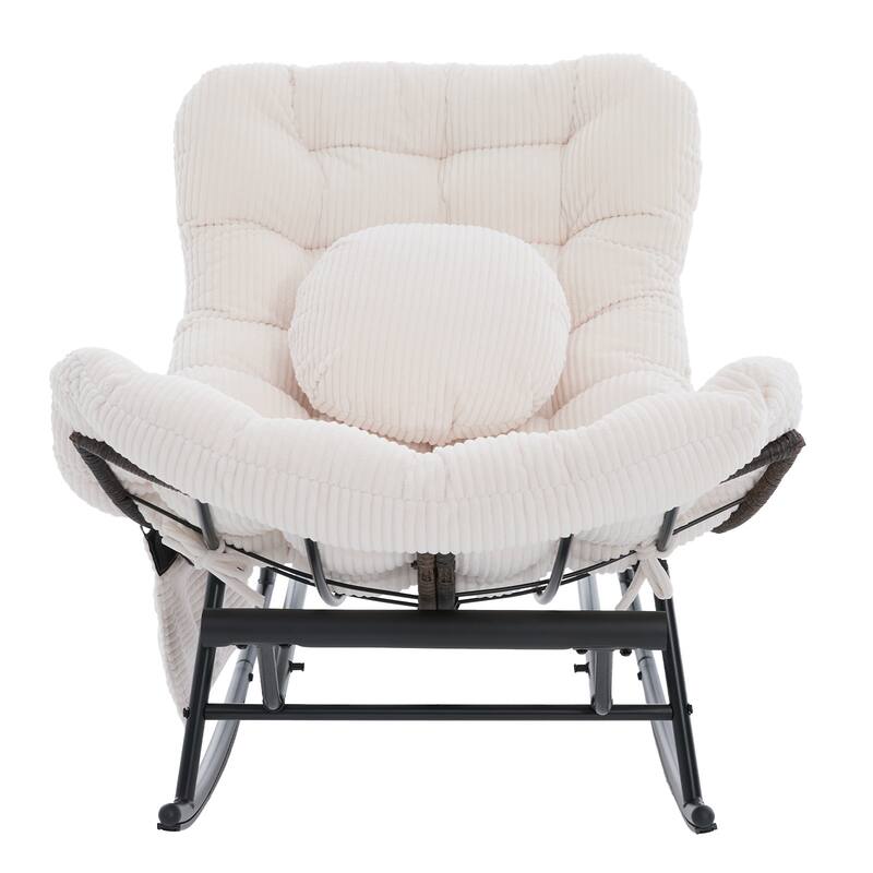 HOMEFUN Corduroy Upholstered Egg Shaped Design Steel Frame Rocking Chair with Side Pocket and Foot Pedal