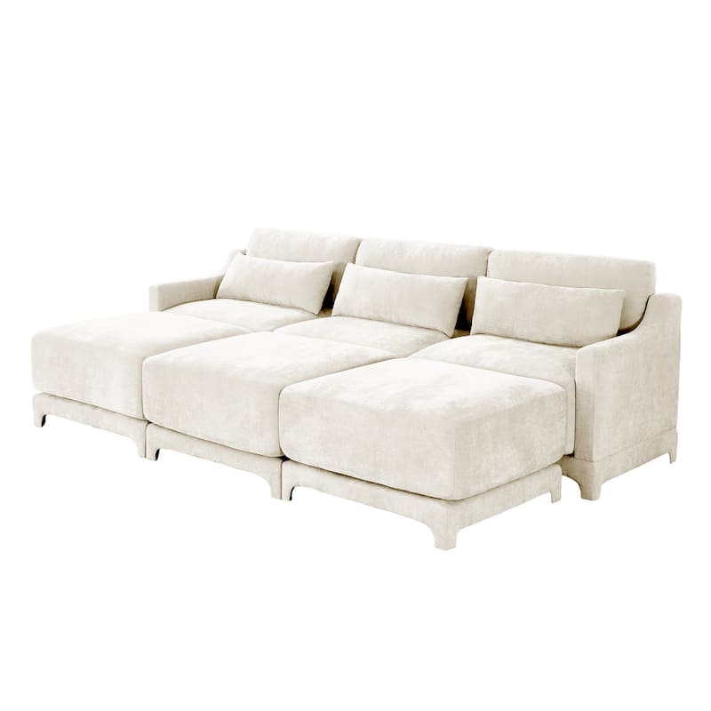 105.9" Chenille Ergonomic 3-Seater Sofa with 3 Movable Ottomans, Lumbar Pillow, and High-Resilience Sponge
