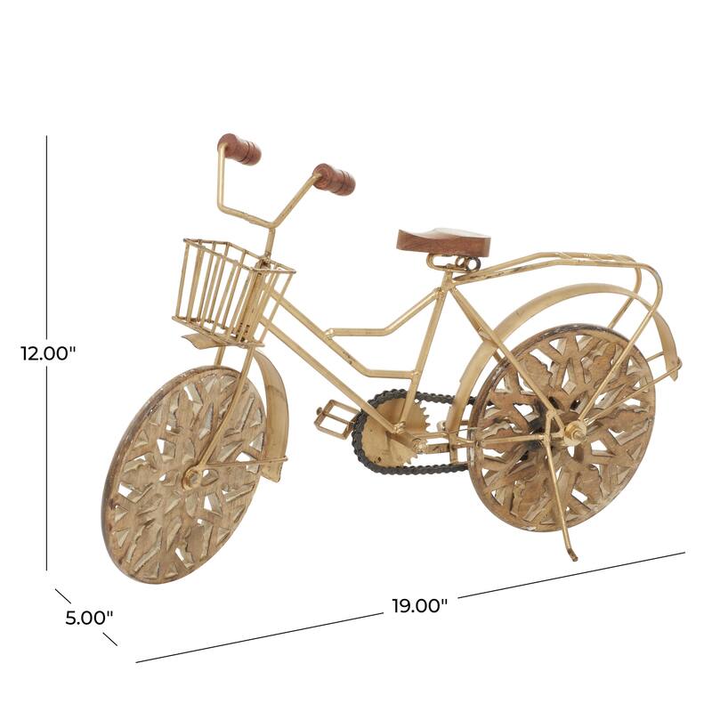 Metal Bike Decorative Sculpture with Carved Wood Wheels - White, Brown, Gold - Roche River Decor