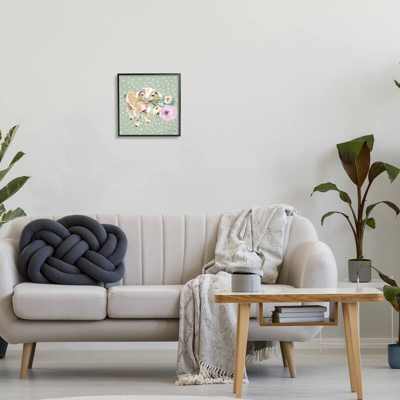Stupell Attentive Buckling Goat Offering Flowers Studded Backdrop Framed Wall Art, Design by Jessica Mingo - Green