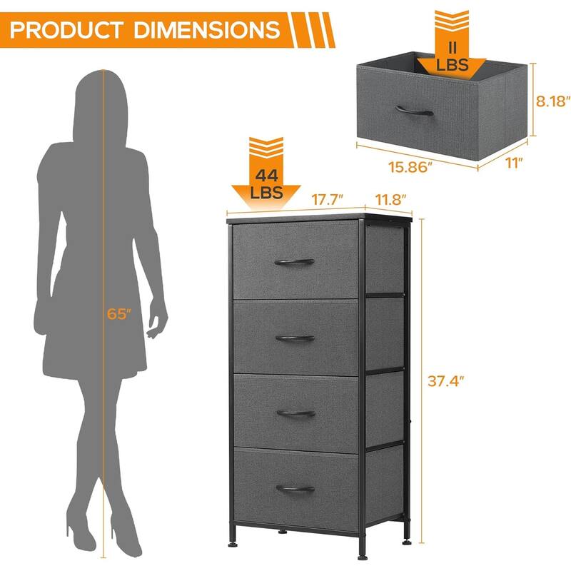 Dresser for Bedroom with 4 Fabric Drawers, Tall Chest Organizer Units for Clothing, Closet, Kidsroom, Storage Tower with Cabinet