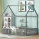 preview thumbnail 1 of 22, Full Size Solid Pine Wood House-Shaped Design Kids Bed Frame with Fence, Door and Distressed Washed Finish for Bedroom, Grey Grey