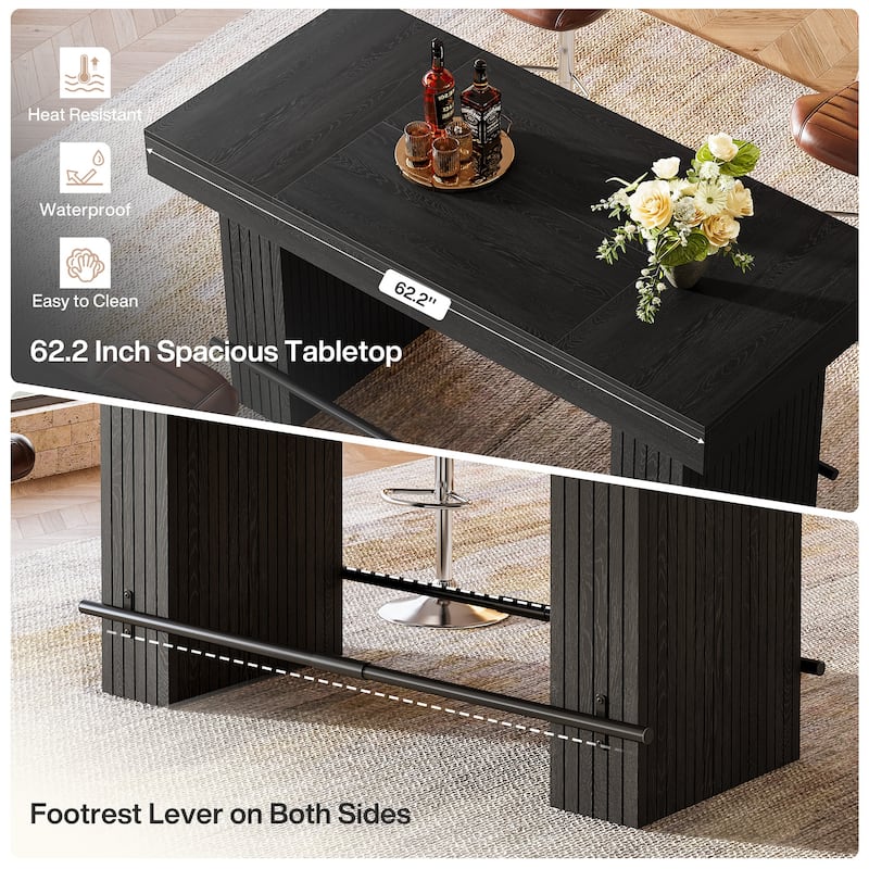 63-Inch Bar Table with Footrest, Bar Height Dining Table with Spacious Top, Industrial Style - 31.5" D x 62.99" W x 35.43" H