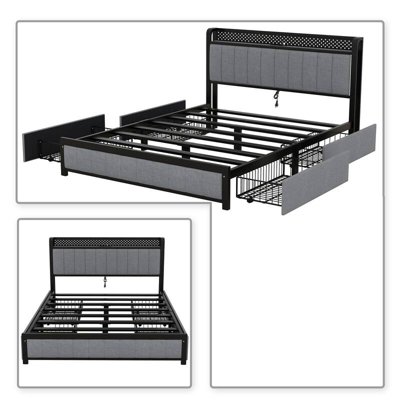 Contemporary Multifunctional Queen Size Linen Fabric Upholstered Platform Bed