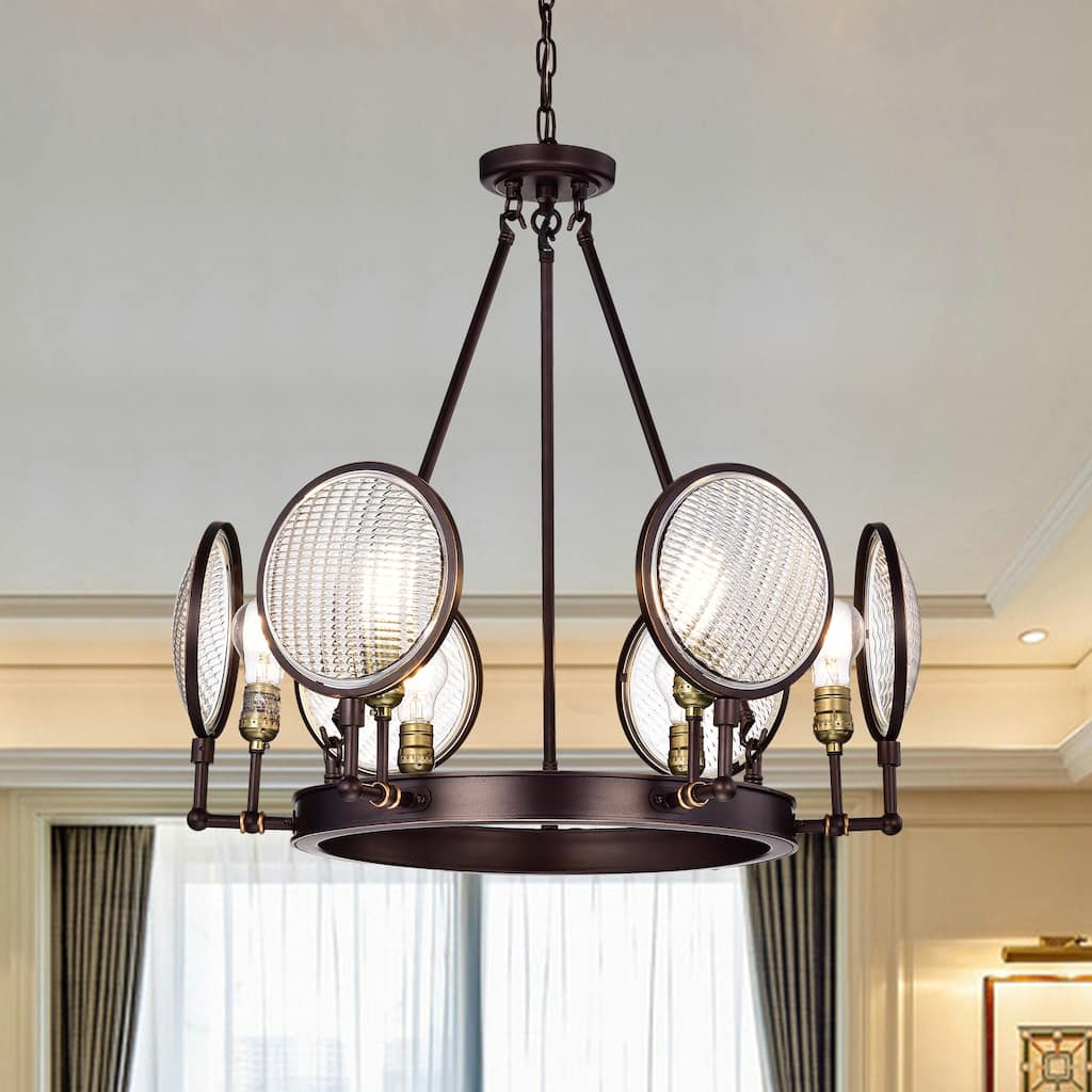 Oil Rubbed Bronze 6-Light Round Chandelier with Headlight Glass - Oil ...