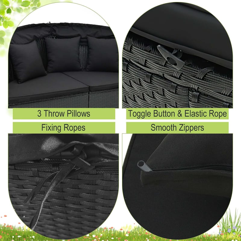 Patio Round Daybed with Retractable Canopy Rattan Sectional Seating