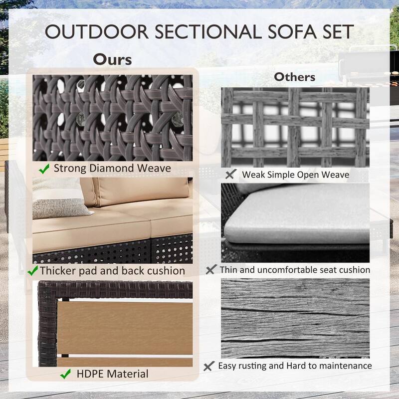 5-Piece Weave Patio Sectional Furniture Set with Extendable Coffee Table with Ice Bucket